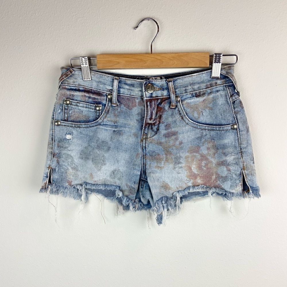 Free People Tie Dye Distressed Jean Shorts